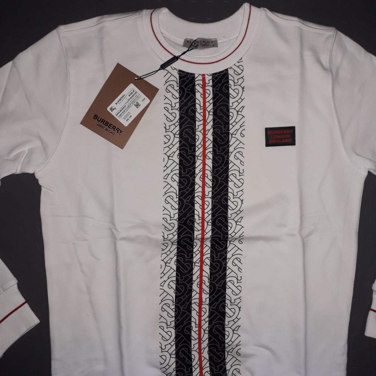 Burberry★White Cotton Black Striped Tape Print Sweatshirt Burberry☆White Cotton Black Striped Tape Print Sweatshirt