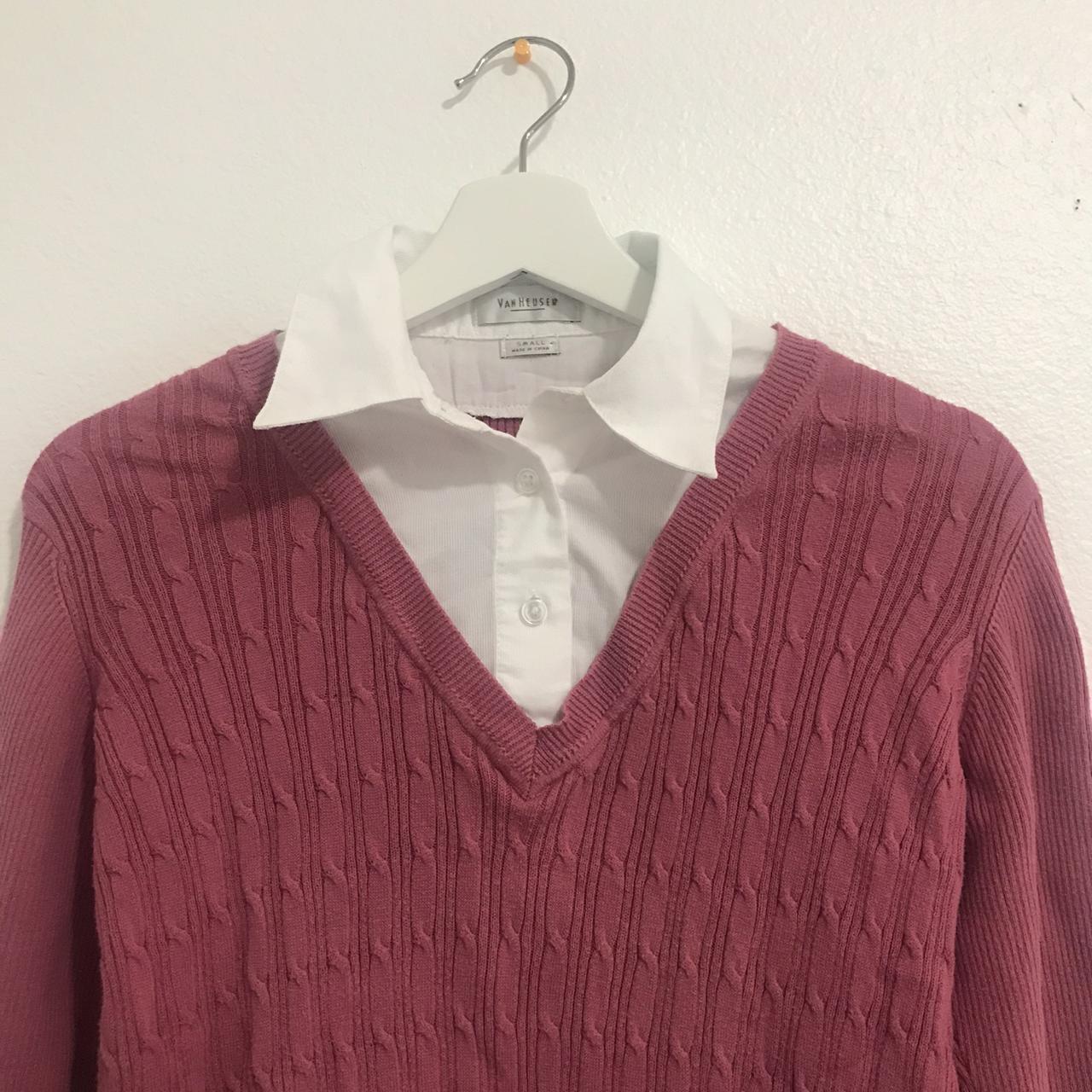 pink sweater with white collar white collared