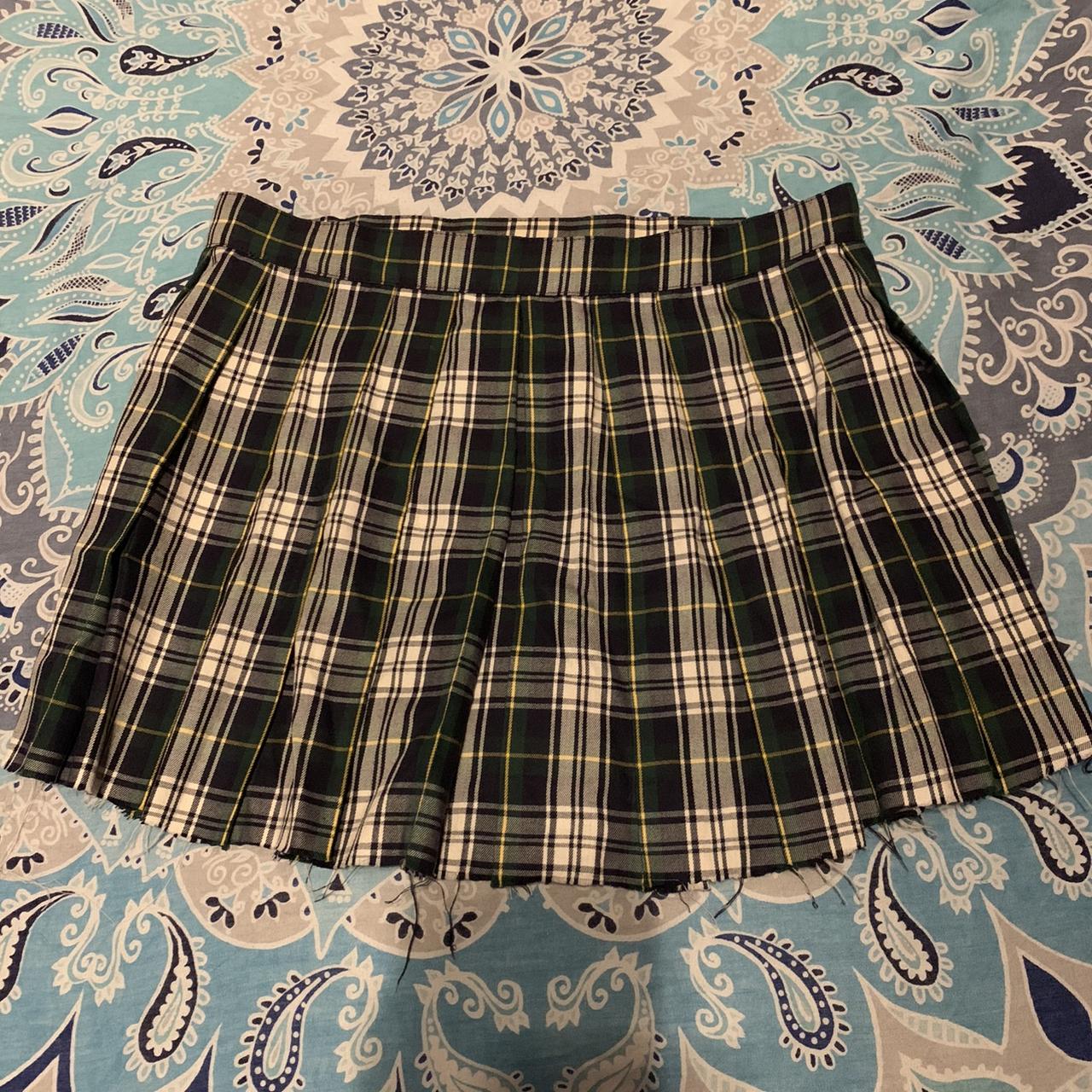 Green plaid school girl skirt The ends are frayed as… - Depop