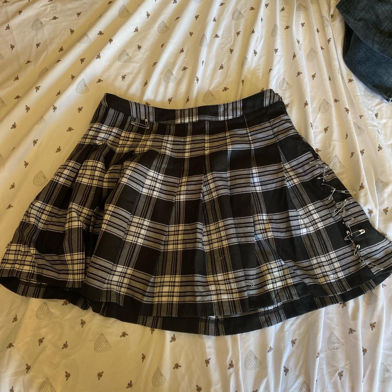 black plaid skirt with hand done detailing with... - Depop