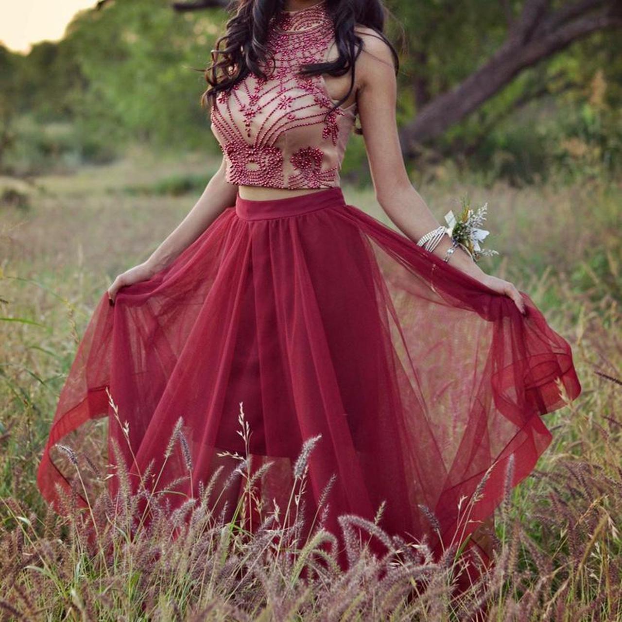 Deep red and nude formal two piece! I wore this Depop