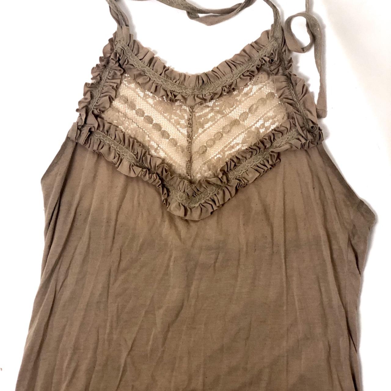 Tan/beige backless halter with lace and ruffle... - Depop