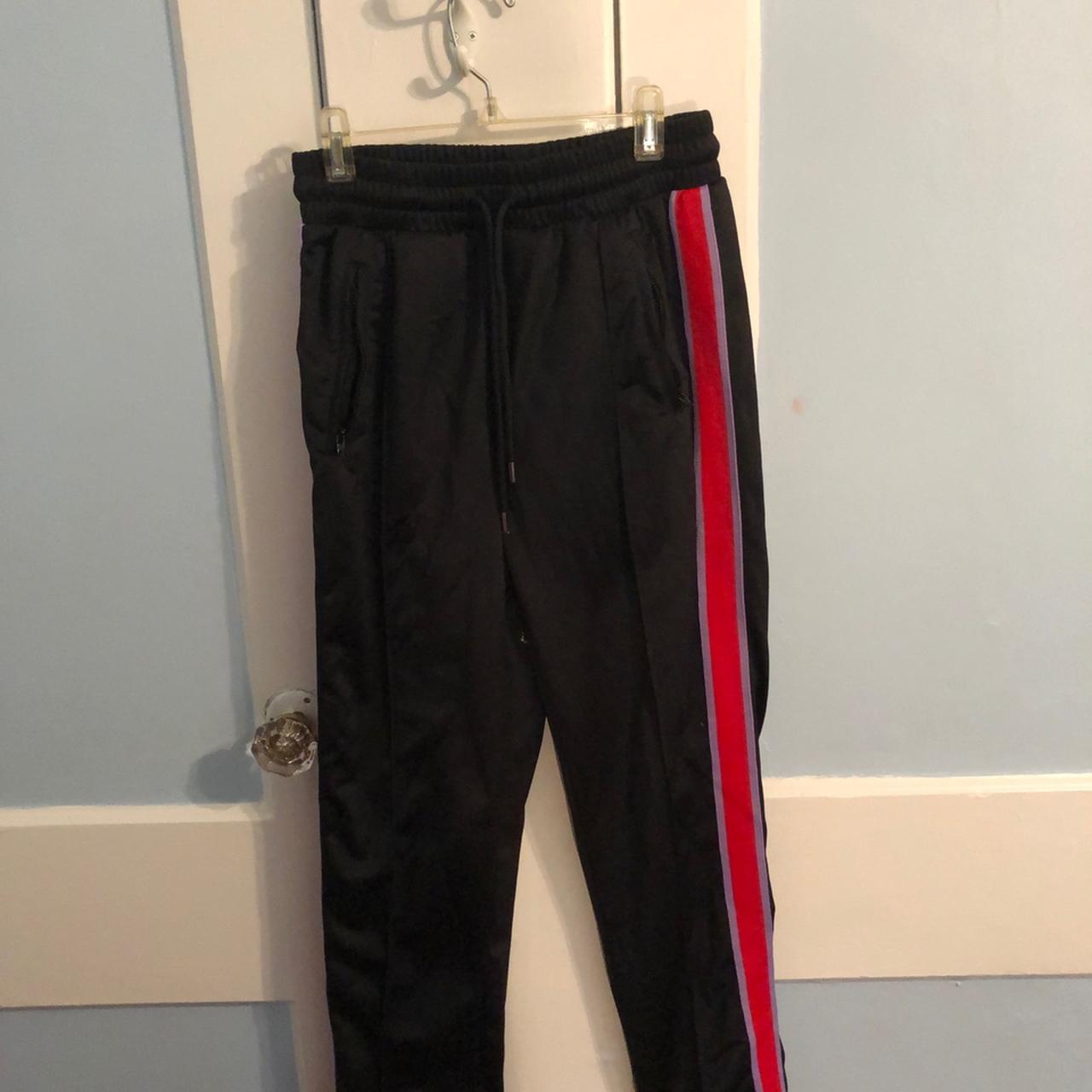 Forever 21 black joggers with red and purple stripes... - Depop