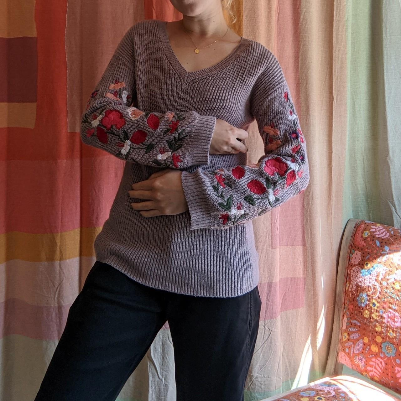 Lavender knit sweater with embroidered flowers size... Depop