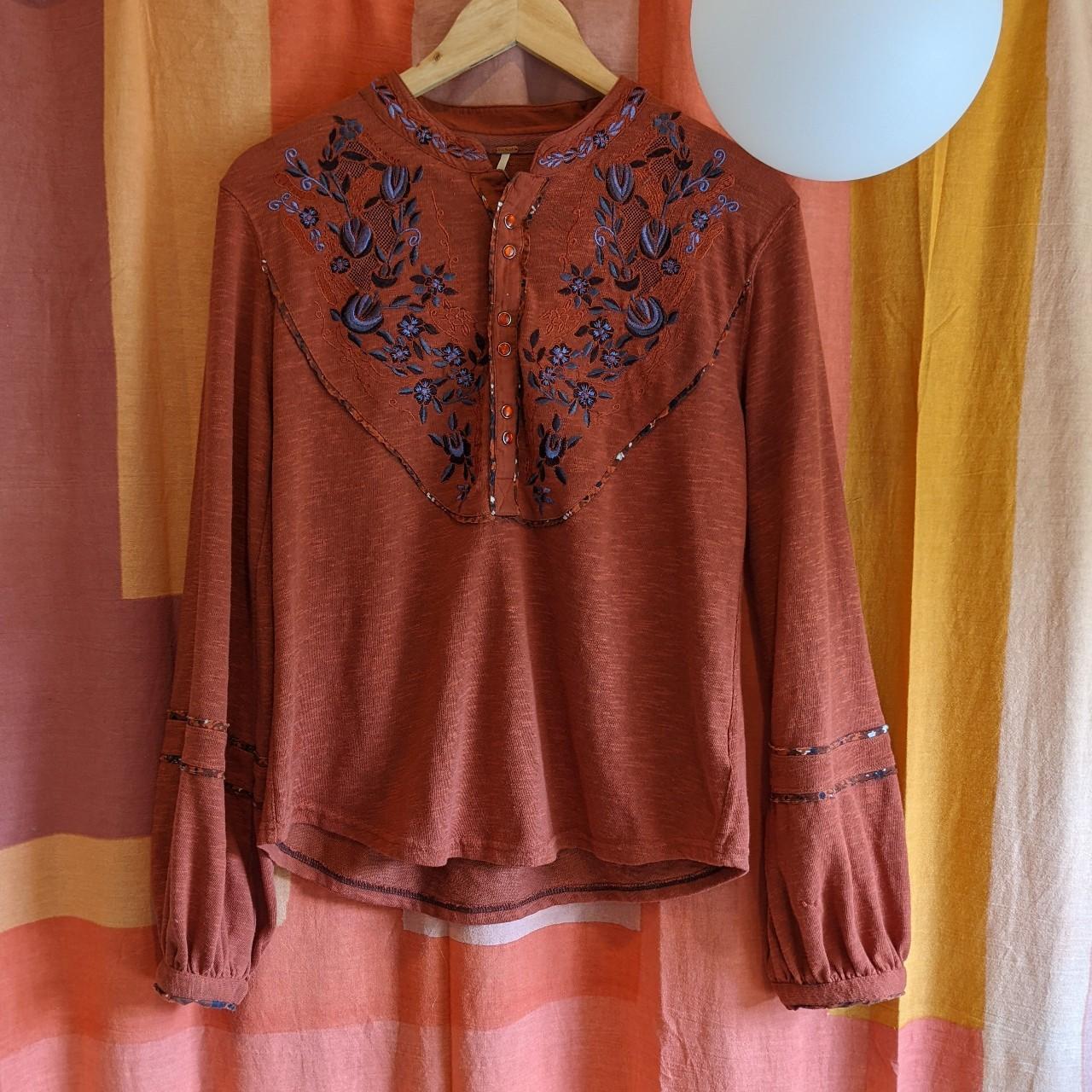 Free People Women's Orange and Blue Blouse | Depop