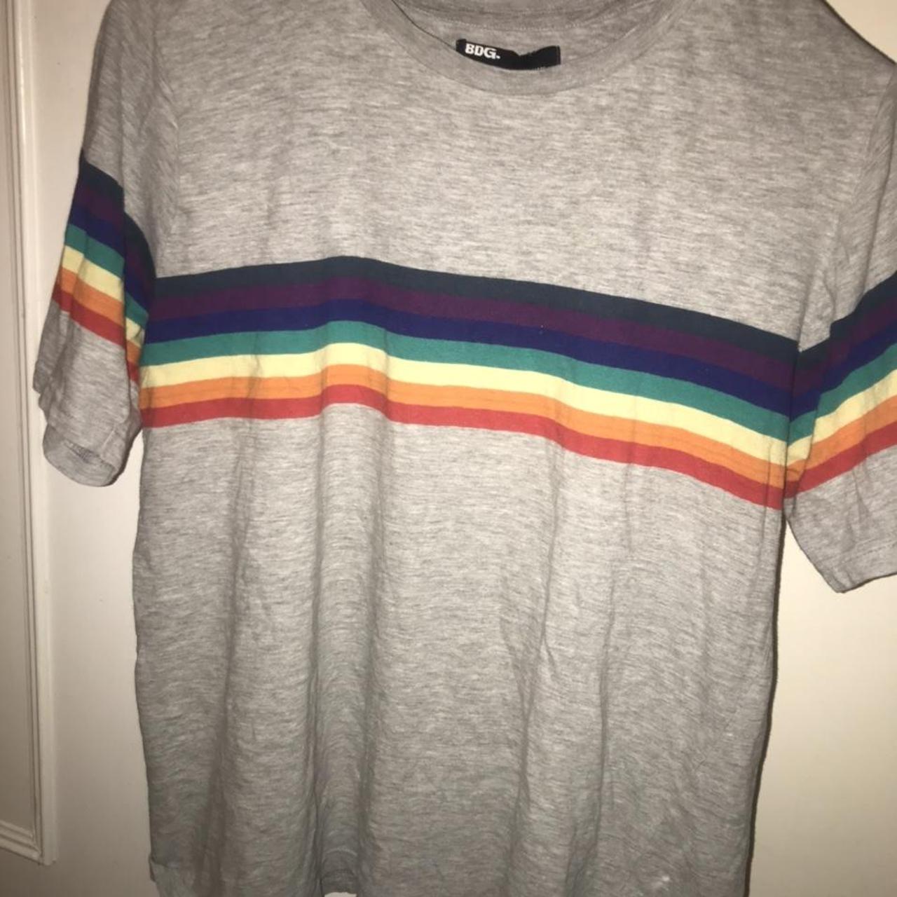 grey shirt with rainbow stripe