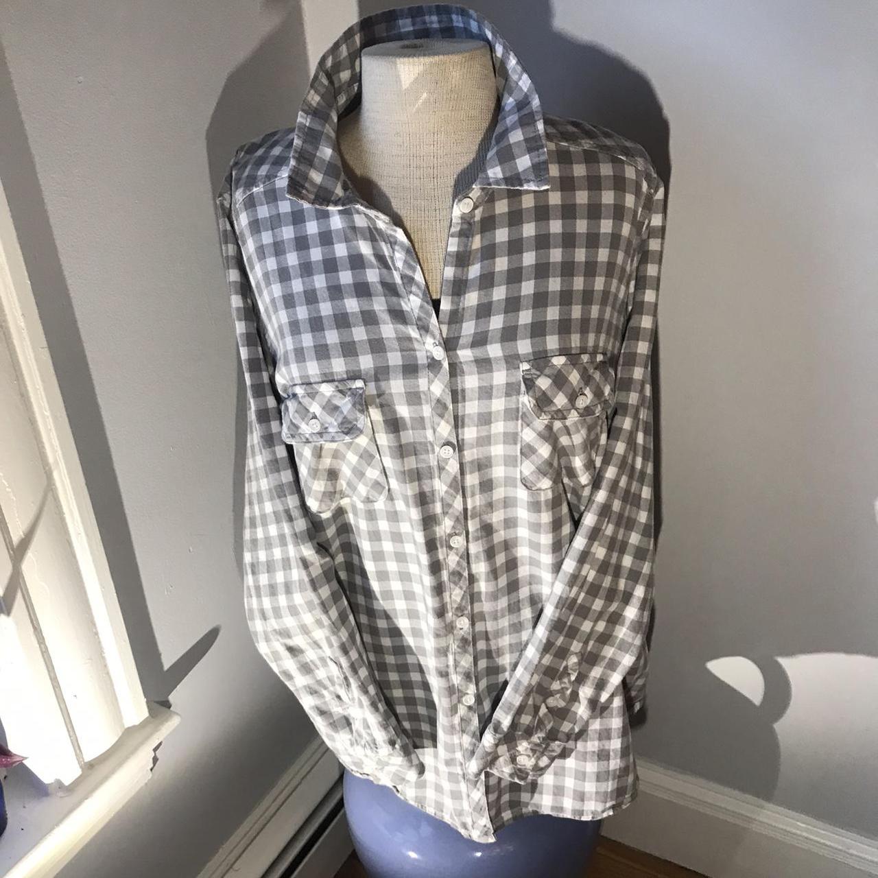 Grey and White Checkered Button Up. Woman 2XL. Soft... - Depop