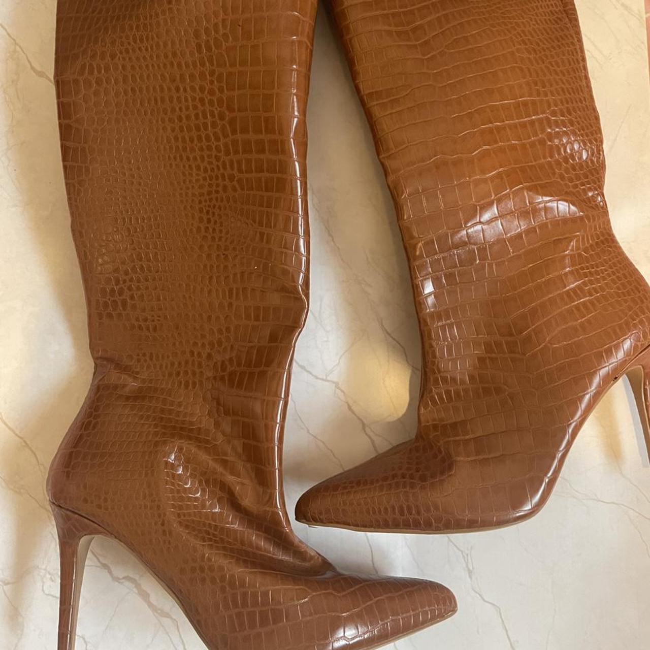 asos design claudia knee high boots in tan