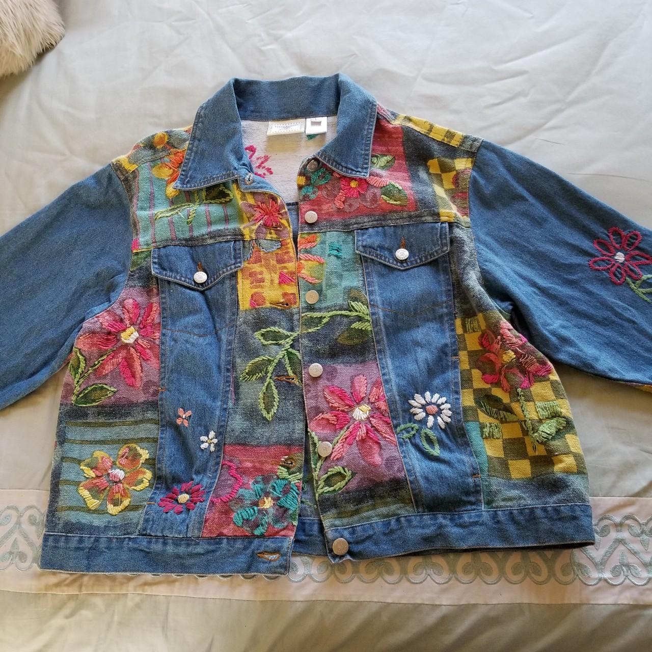 vintage 1999 susan bristol denim jacket with floral... - Depop