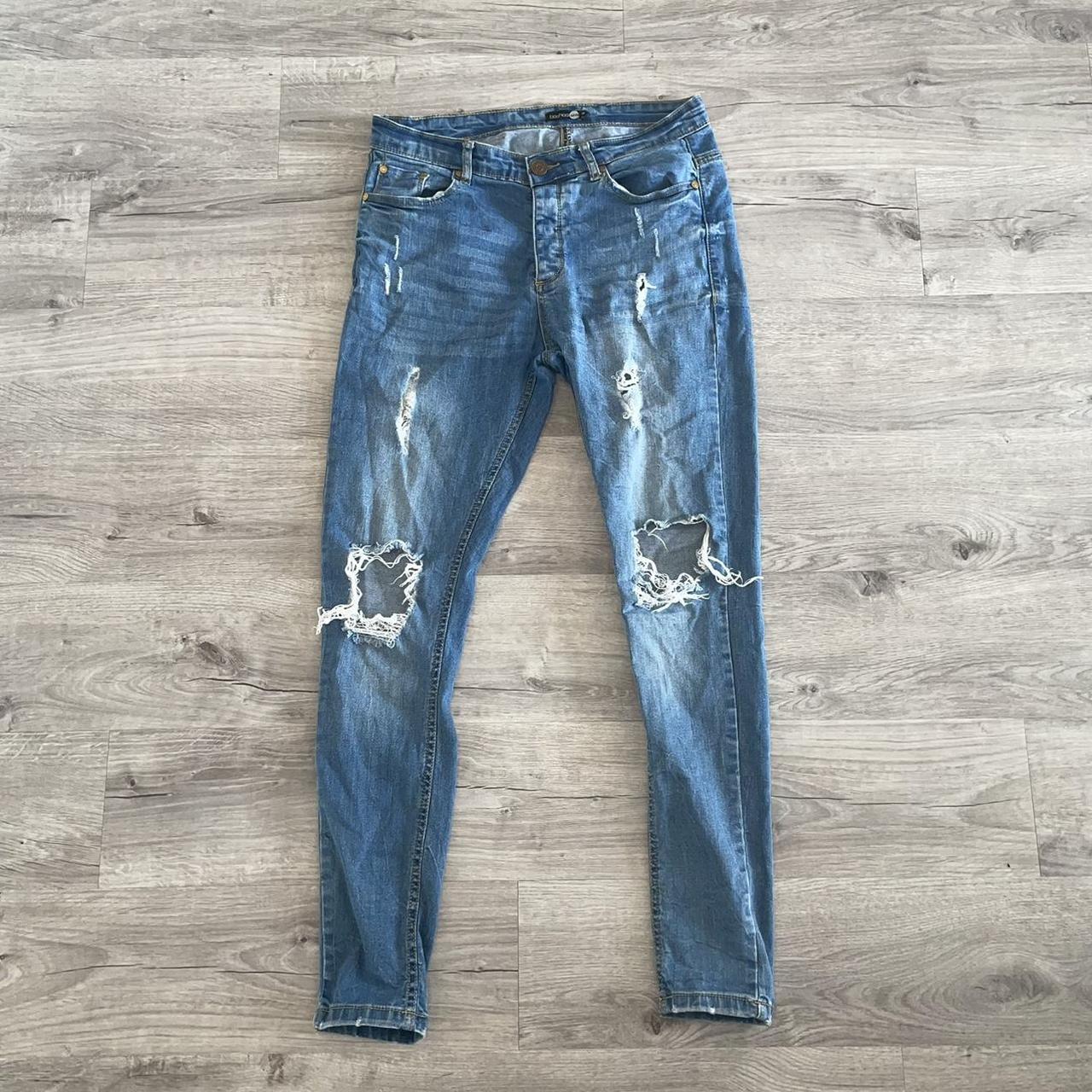 Boohoo man blue ripped skinny jeans Size 32 - Depop