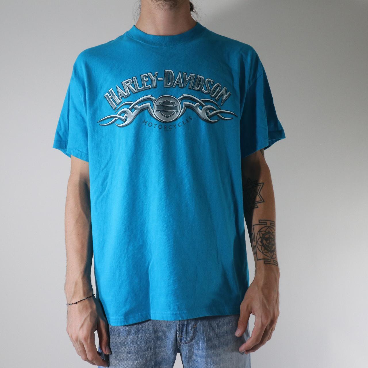 Harley Davidson Men's Orange and Blue Tshirt Depop