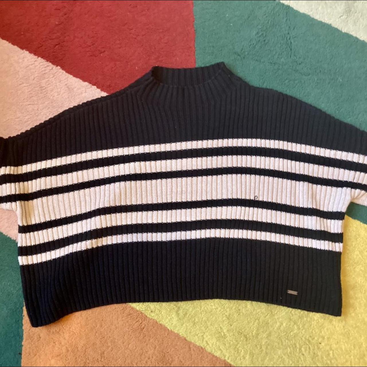 Cropped black and white striped knitted jumper from... Depop