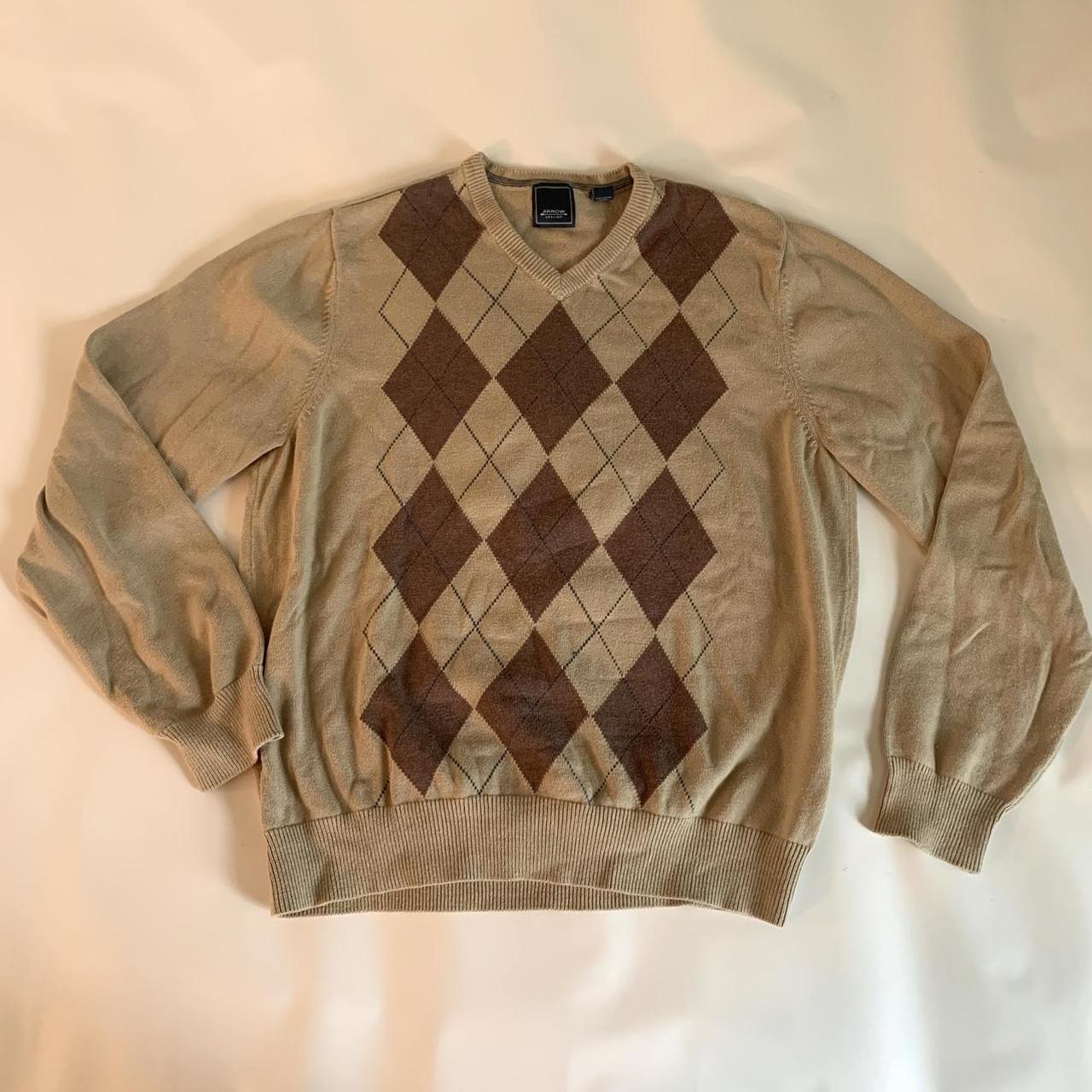 Brown and Tan Argyle Sweater V Neck Tag Size... - Depop