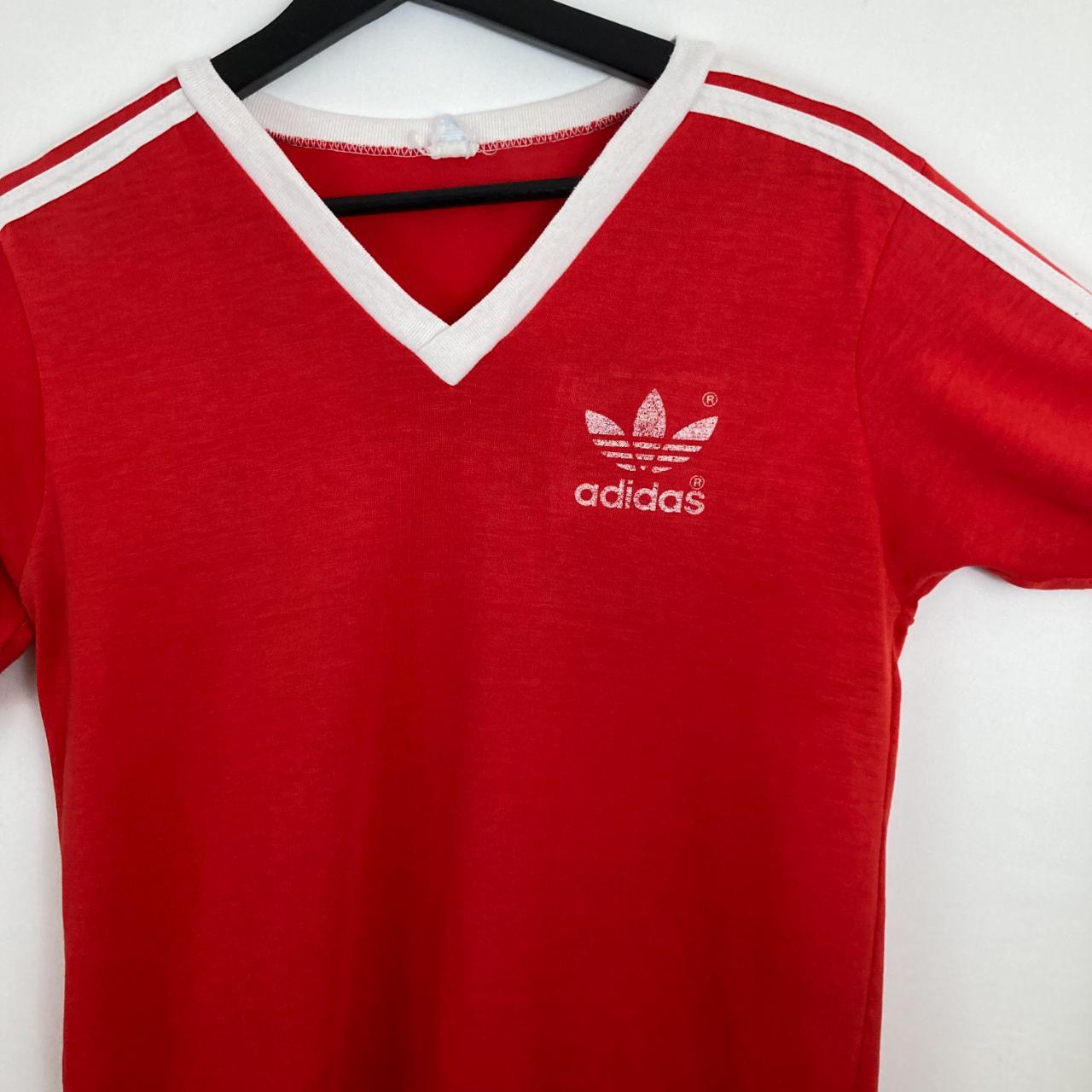 Vintage Adidas v-neck red T-shirt | Shoulder stripe... - Depop