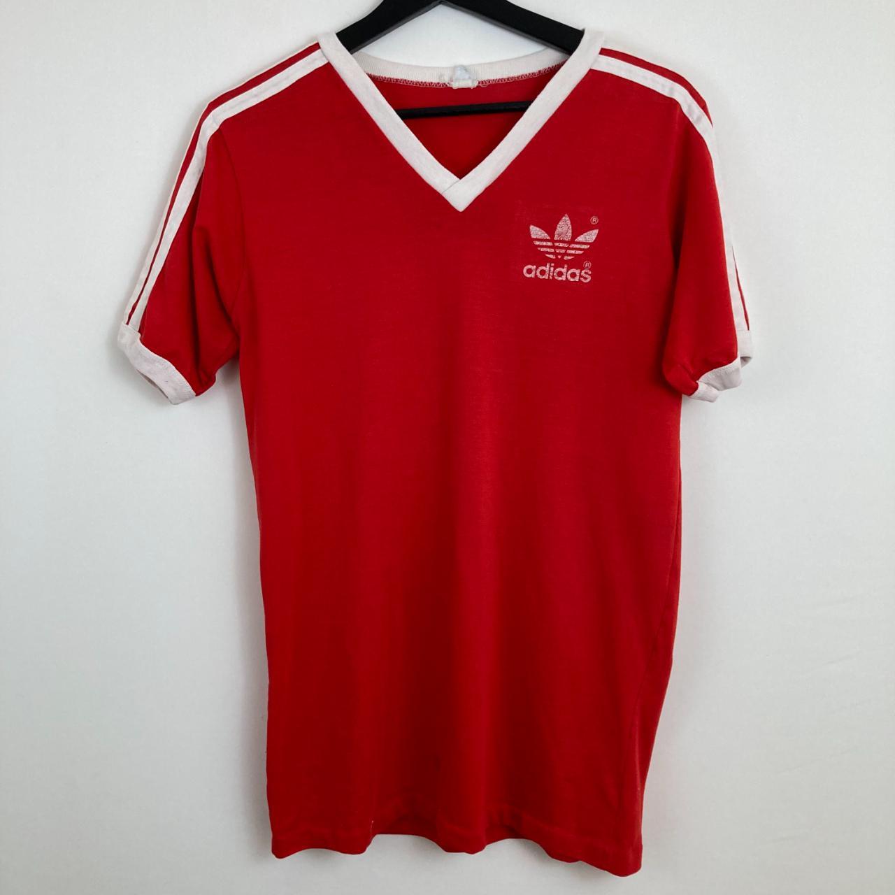Vintage Adidas v-neck red T-shirt | Shoulder stripe... - Depop