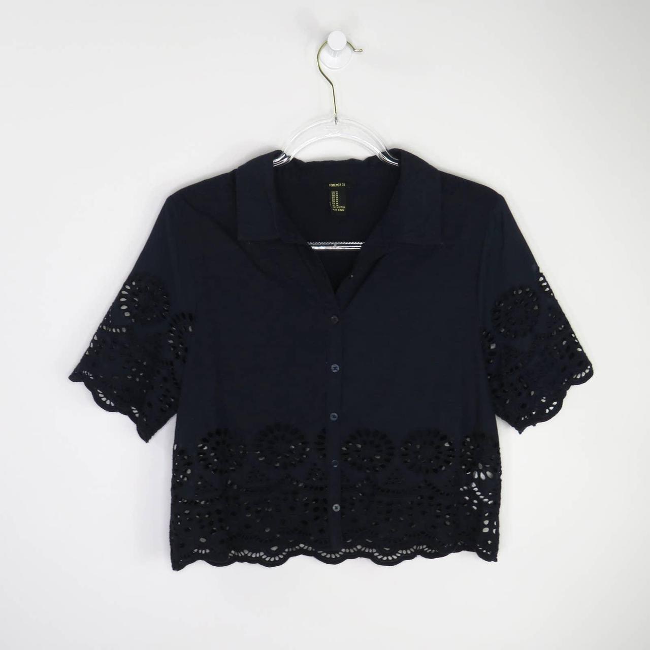 Forever 21 Navy Blue Eyelet Cut Out Collared Blouse.... - Depop