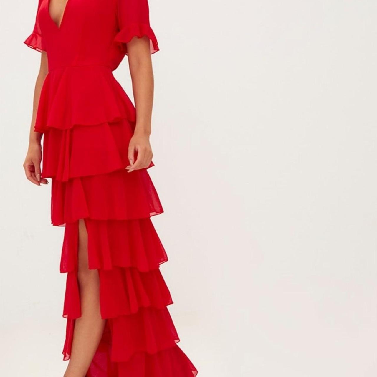 Red maxi chiffon layered dress with a side... - Depop