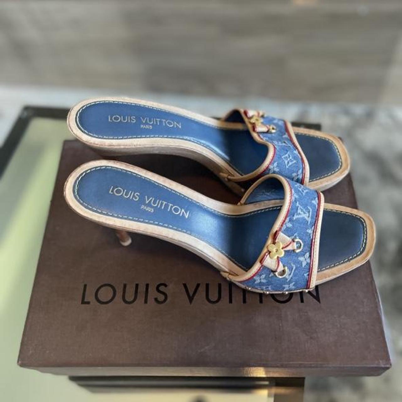 Louis Vuitton Vintage monogram denim mules  Louis vuitton shoes heels,  Louis vuitton shoes, Louis vuitton heels