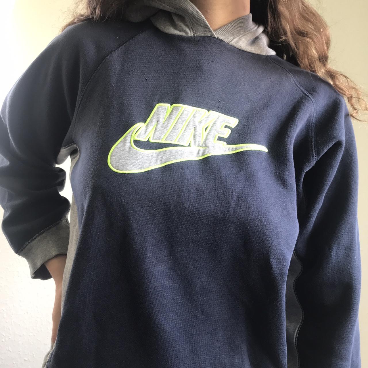 Nike navy and grey hoodie with embroidered logo... - Depop