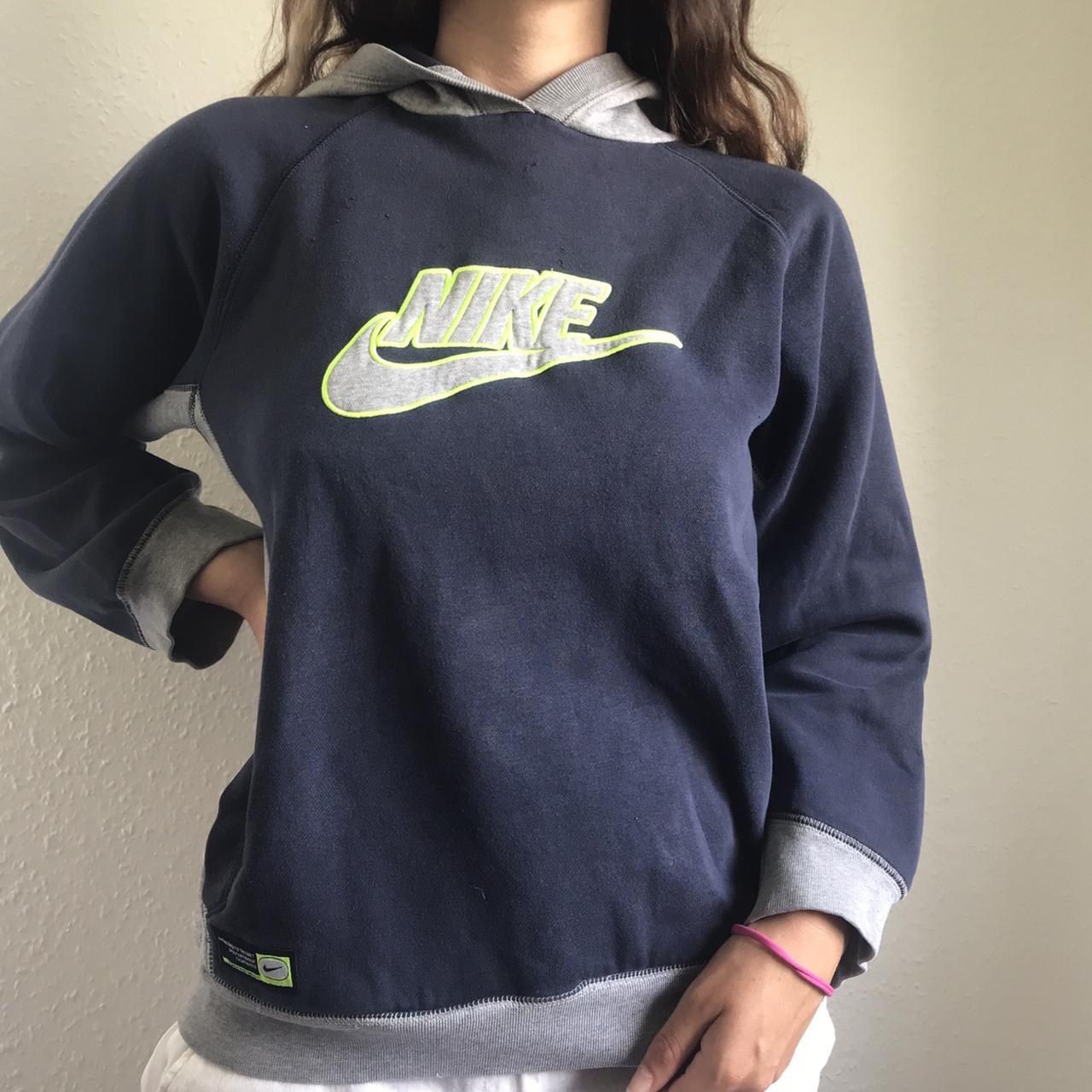 Nike navy and grey hoodie with embroidered logo... - Depop