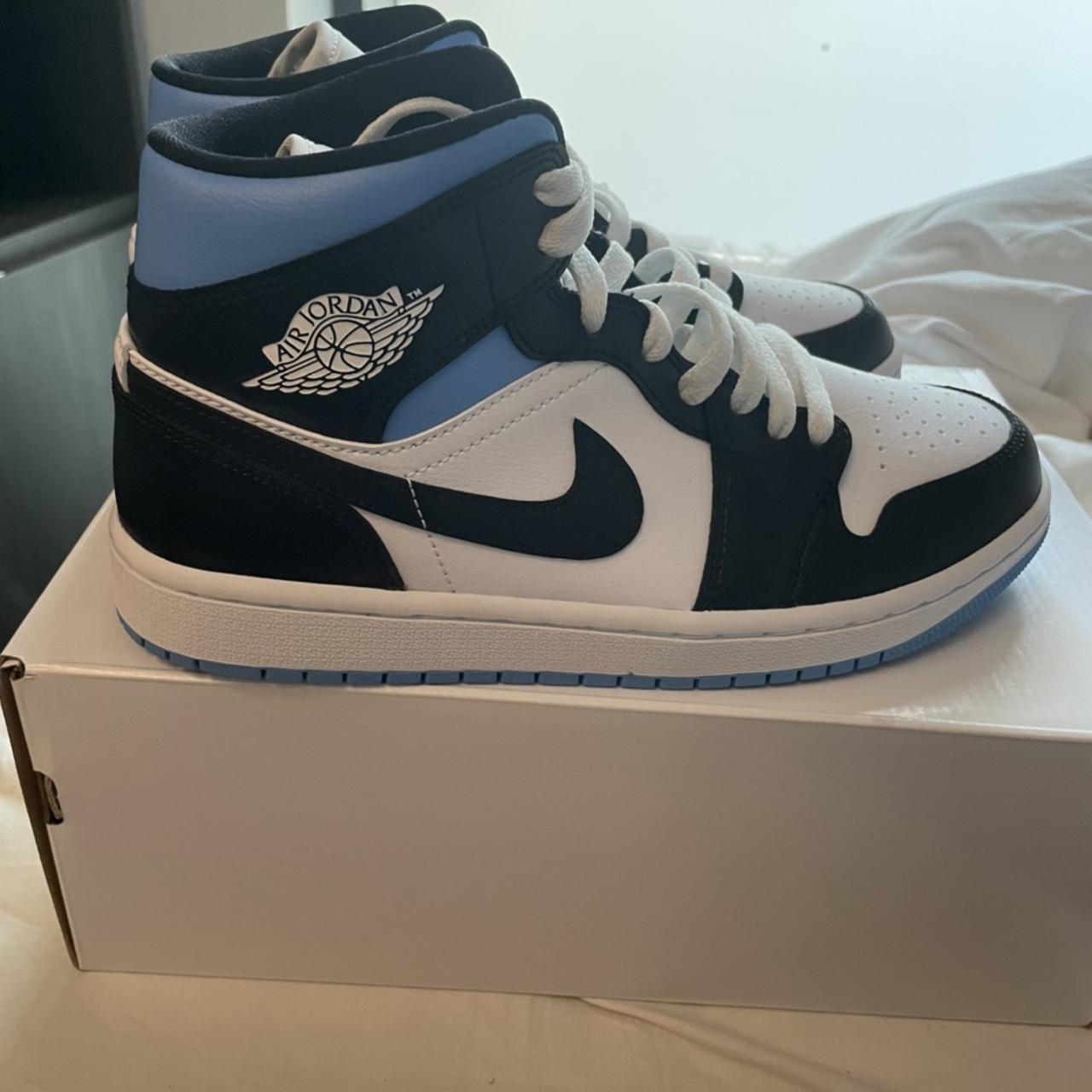 WMNS AIR JORDAN 1 MID WHITE/BLACK-UNIVERSITY BLUE... - Depop