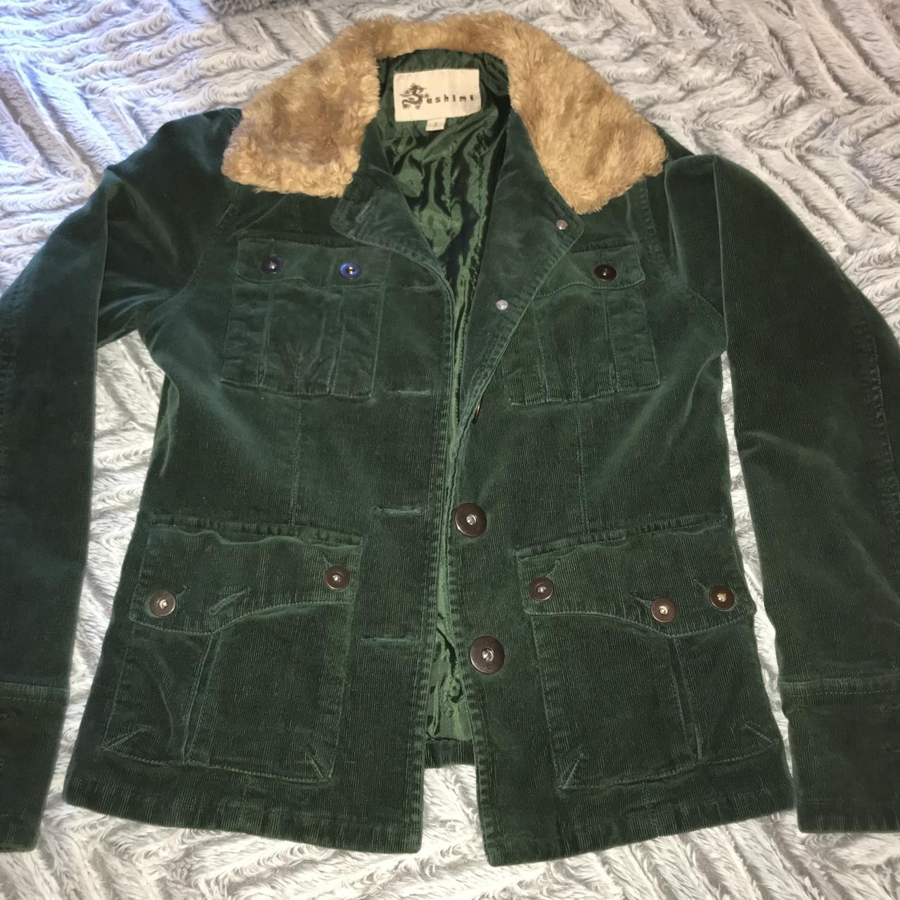 green corduroy jacket with fur collar