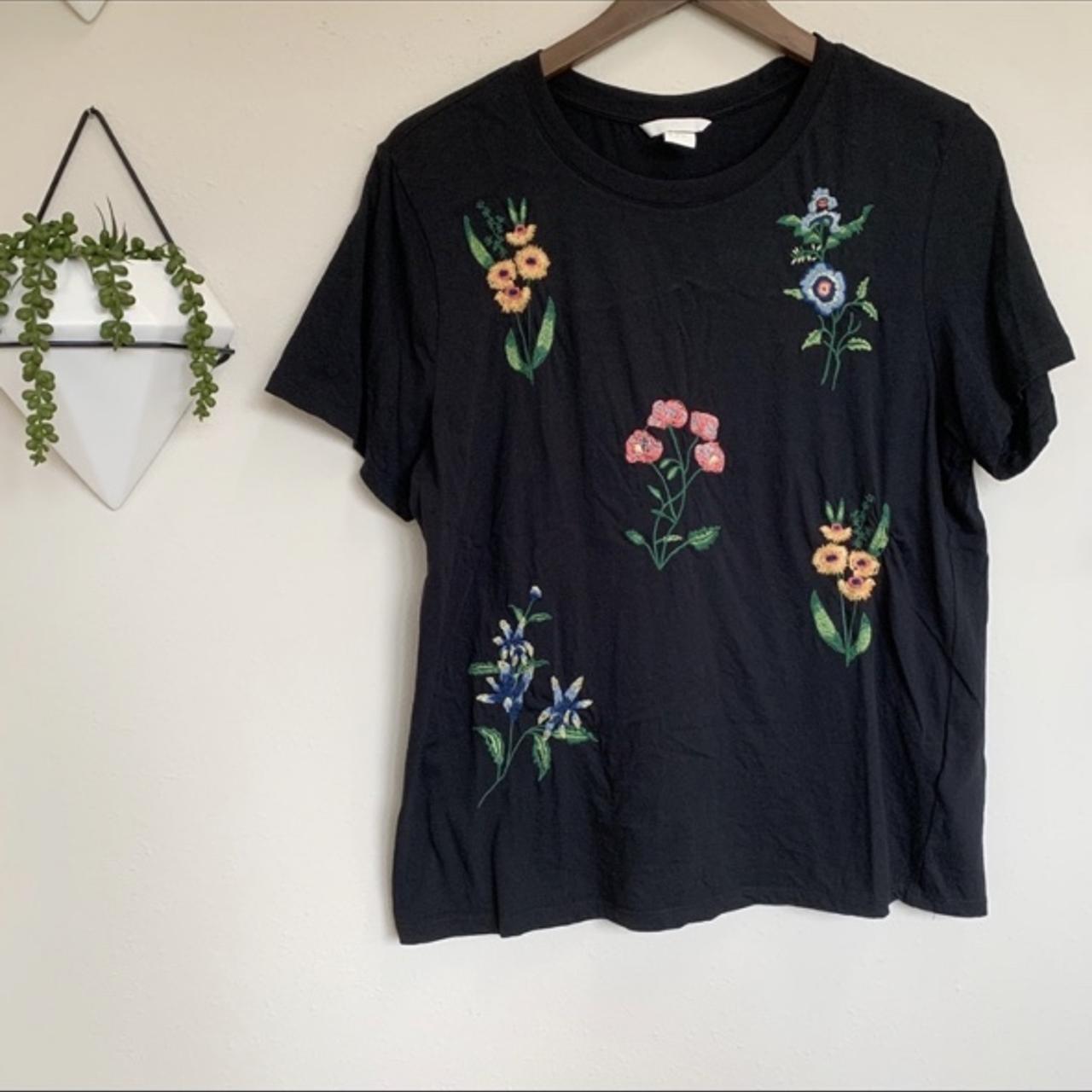 Gorgeous black tee with colorful floral embroidery... - Depop