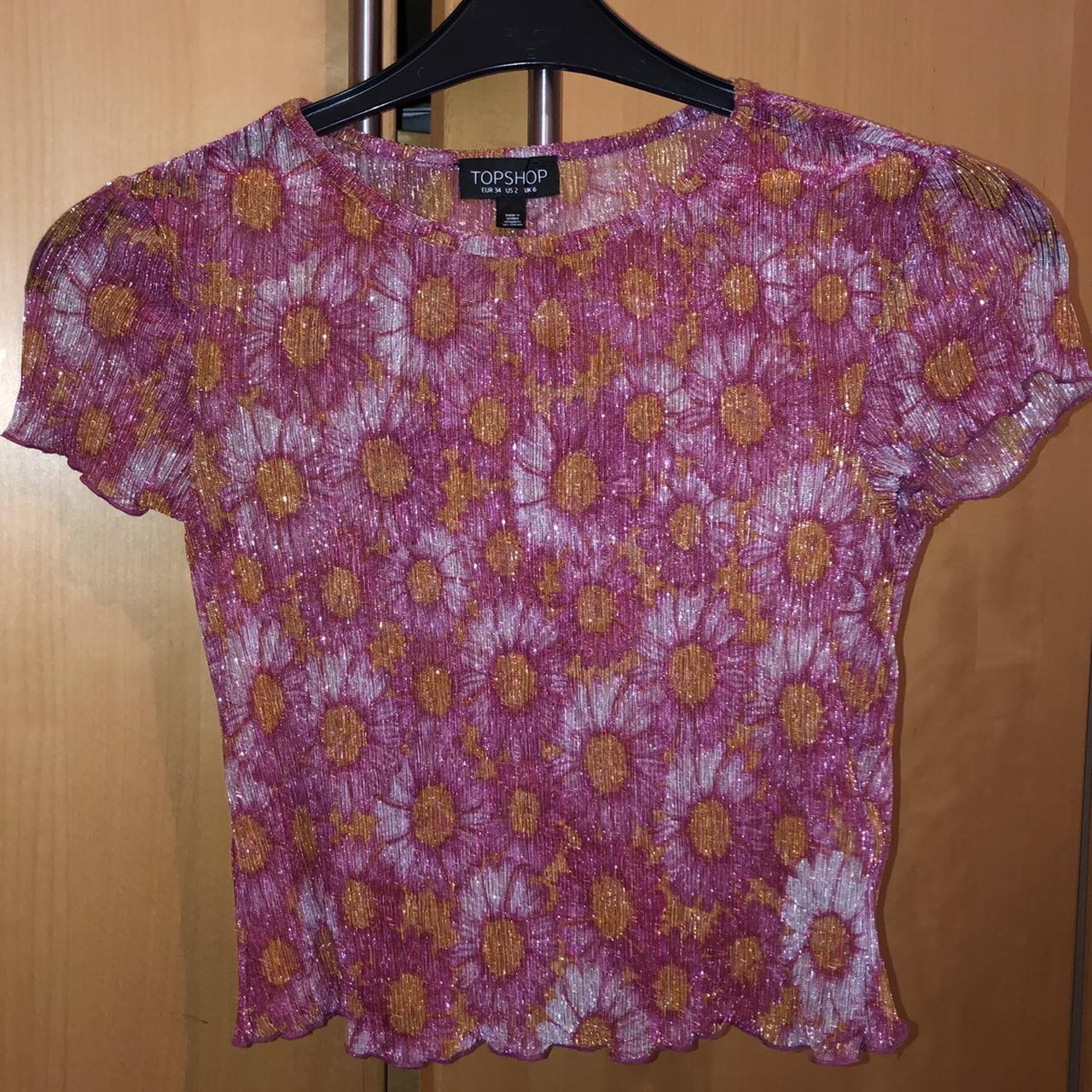 🌸TOPSHOP sparkly pink floral mesh top with lettuce... - Depop