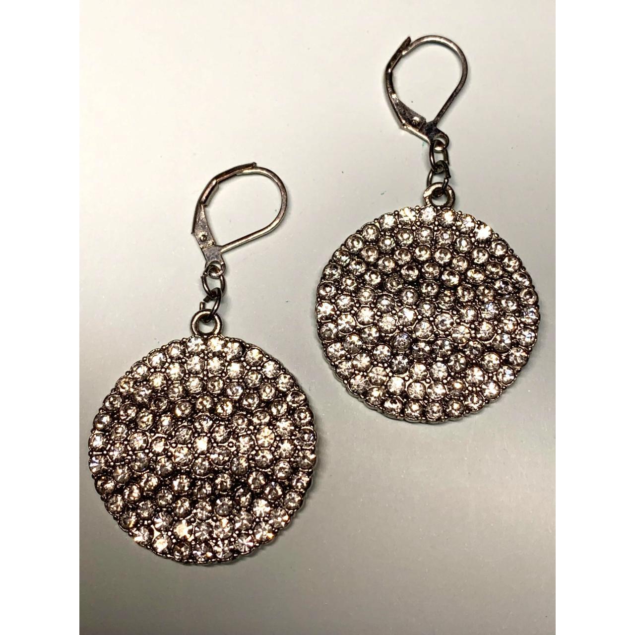 Silver tone round hanging drop earrings rhinestones... - Depop