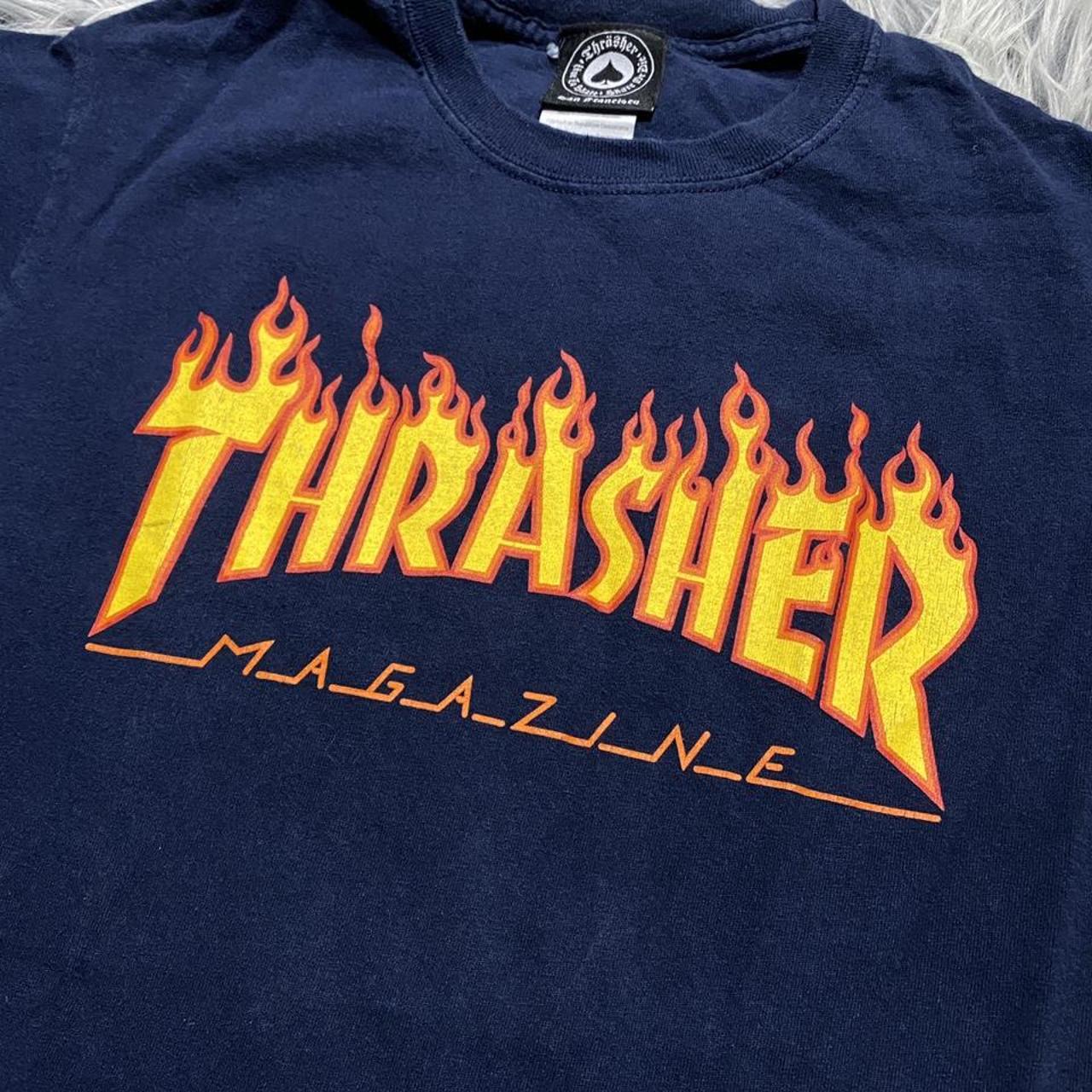 Thrasher Flames Logo Shirt - Small Navy with flames... - Depop