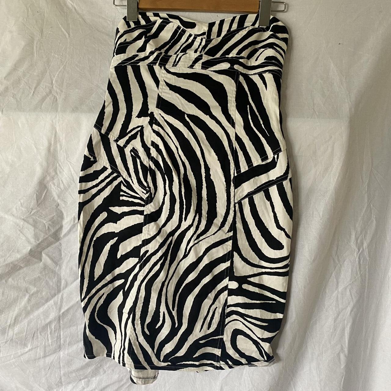Zebra print black and white strapless mini dress... - Depop