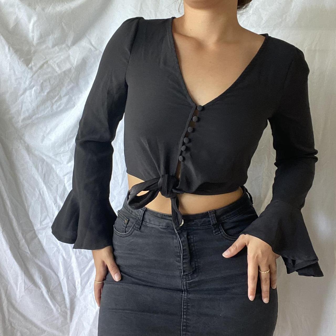 black-button-up-cropped-shirt-with-tie-at-the-bottom-depop