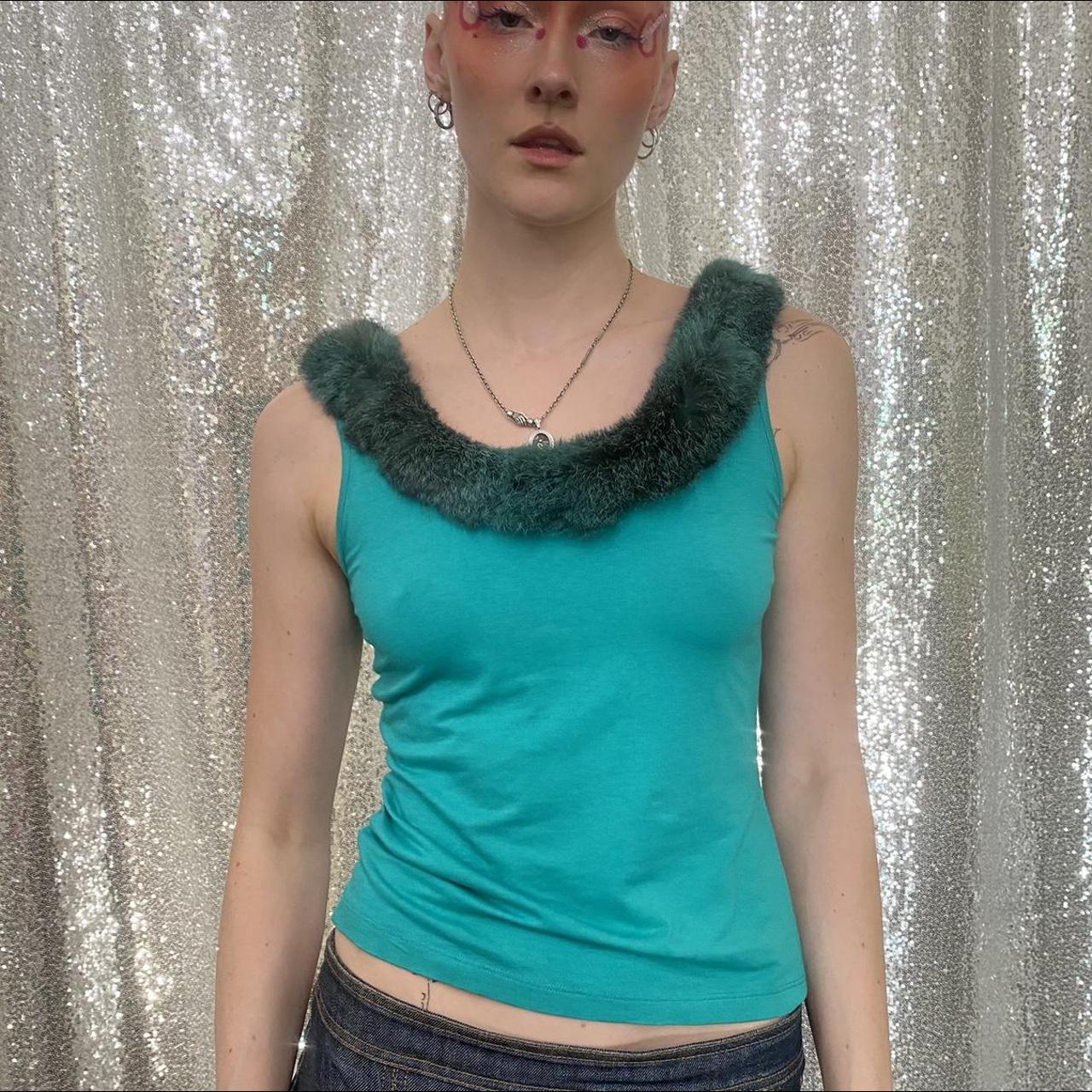 Vintage Moschino Jeans fur trimmed tank in turquoise... - Depop