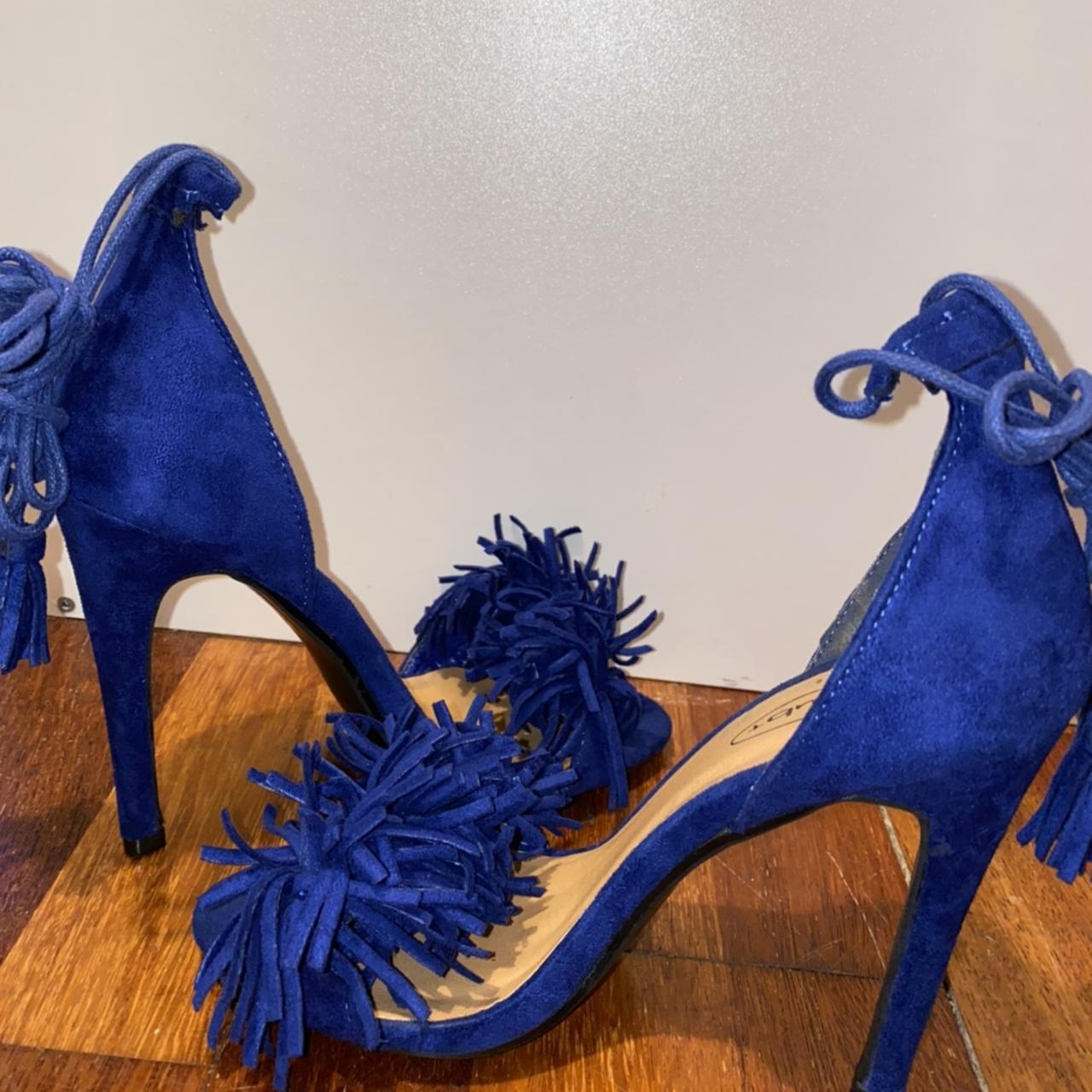 Blue pom-pom lace up sandals heels size 5 worn once.... - Depop
