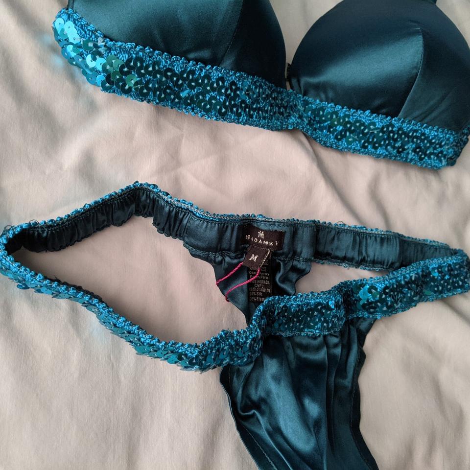 Madame V teal silk sequin bra set 34B/ Medium - Depop