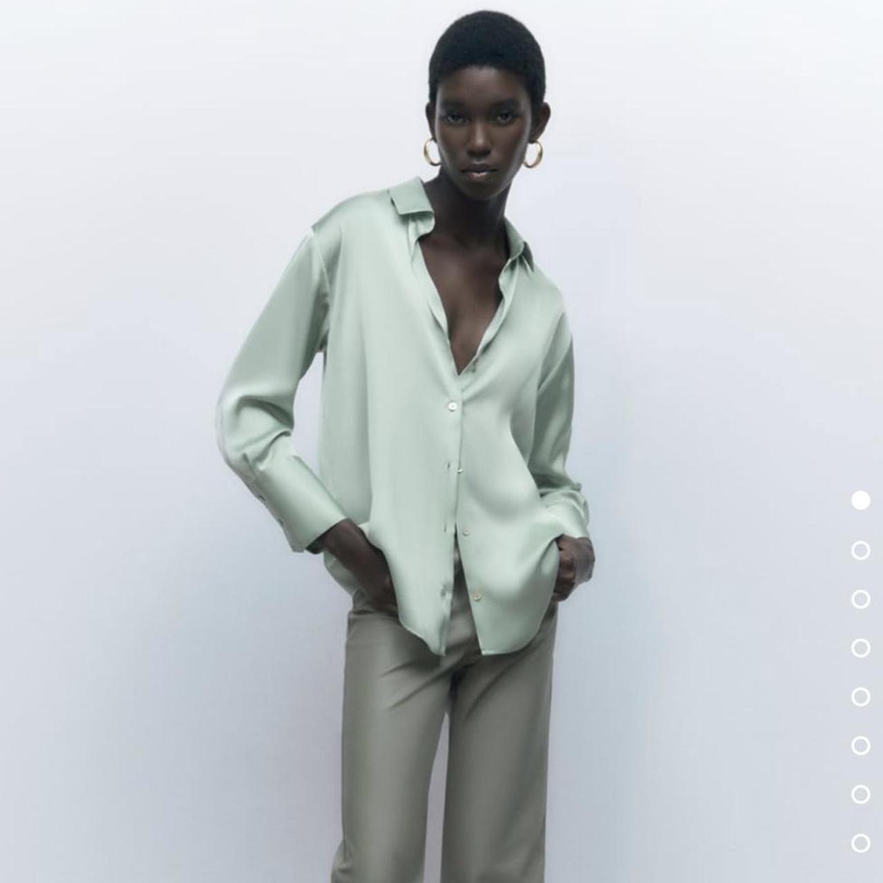 Zara Flowy Satin Effect Shirt Sage Green Satin... Depop