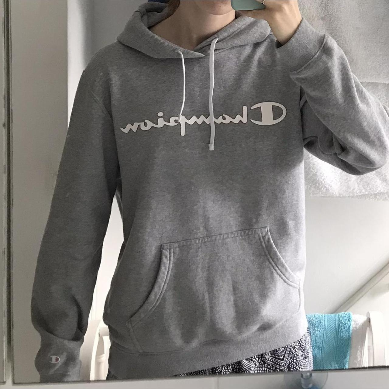 Grey champion hoodie with white writing online