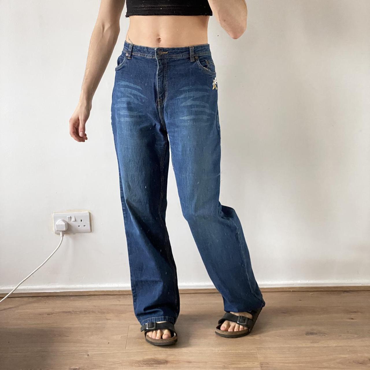 Vintage y2k straight leg blue jeans with colourful... - Depop