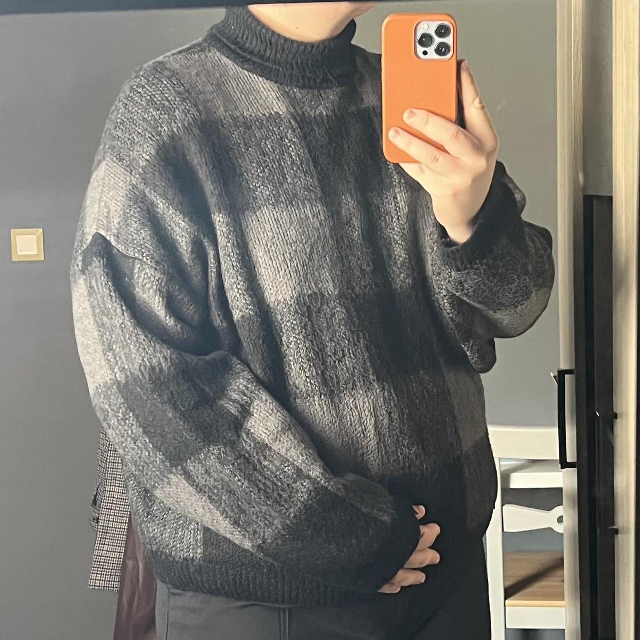 knitted jumper / sweater in black and grey check by... - Depop