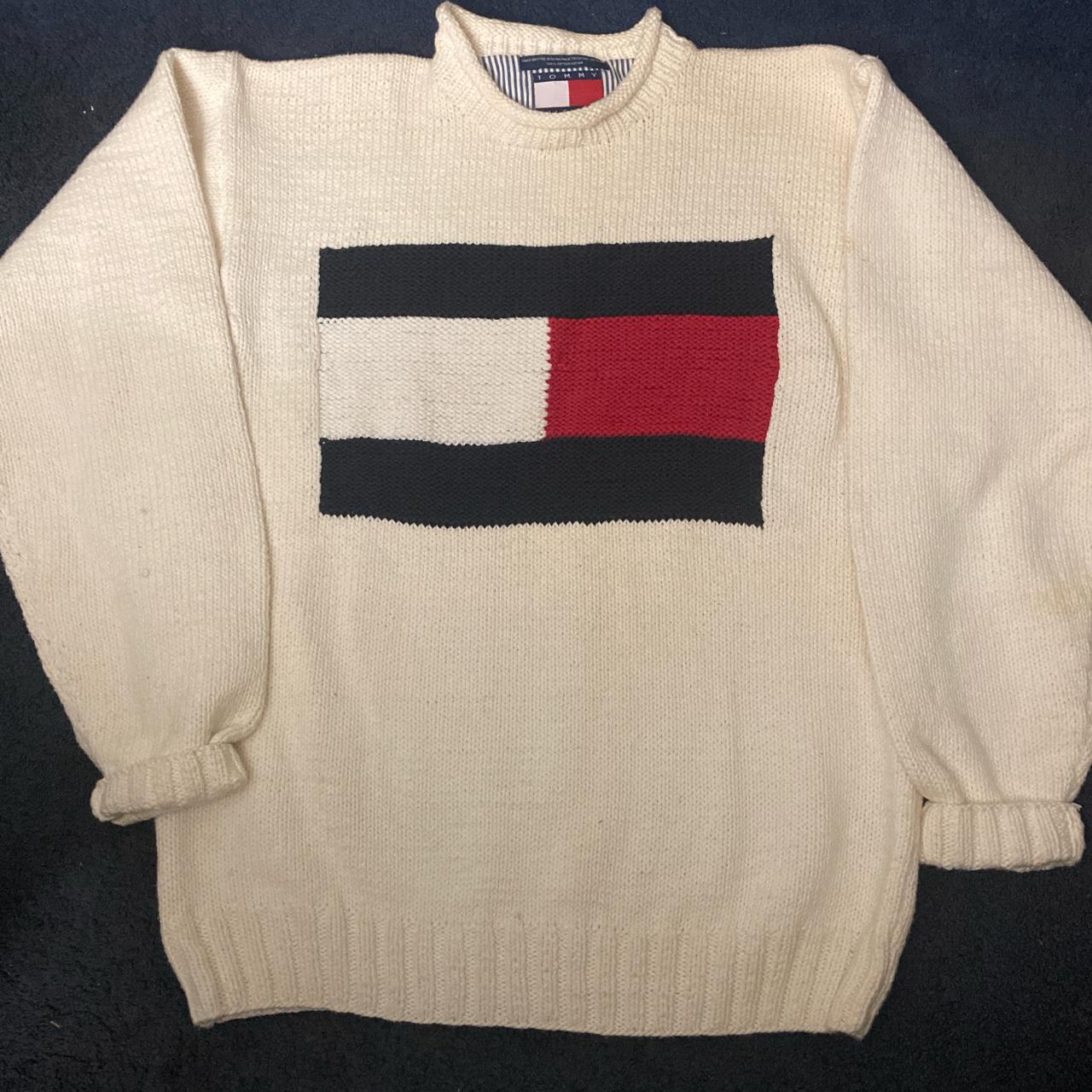 Vintage Tommy Hilfiger big logo knit sweater size... - Depop