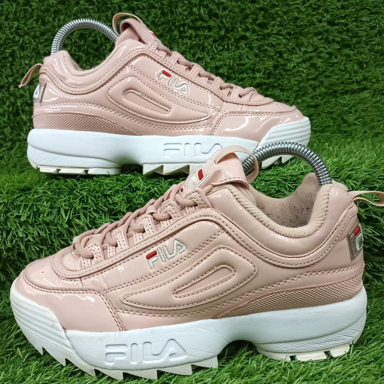 Fila Disruptor Pink Faux Patent Leather Trainers... - Depop