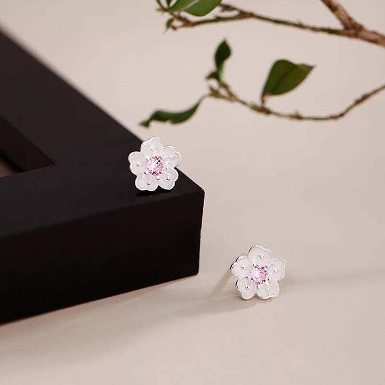 S925 Sterling Silver Sakura Flower Earring... - Depop