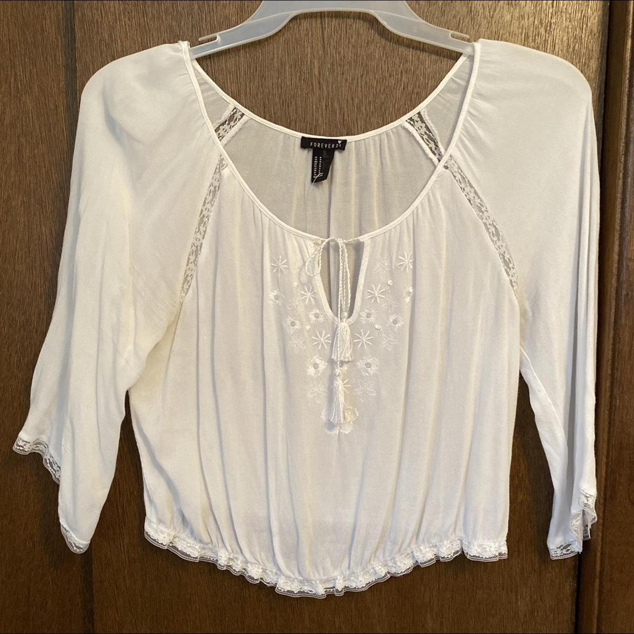 Forever 21 white 1/2 sleeve crop top with floral... - Depop