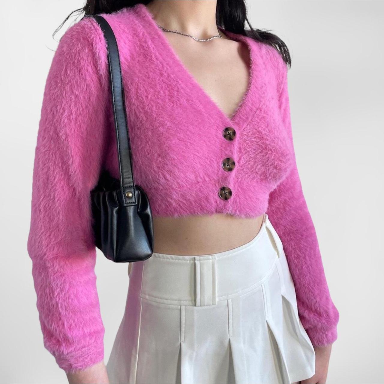 pink fluffy cropped cardigan