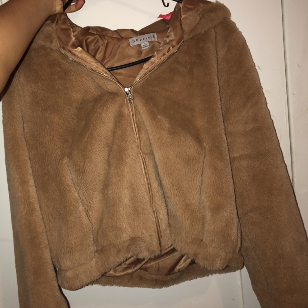 super cute y2k fluffy furry beige tan coat size... - Depop