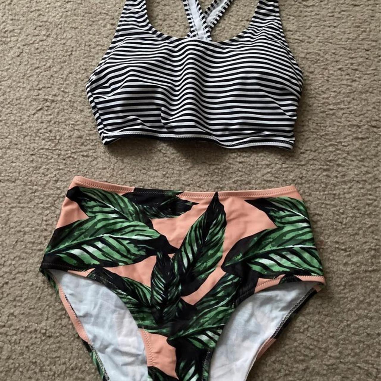 Black and white striped swimsuit top with bottoms,... - Depop