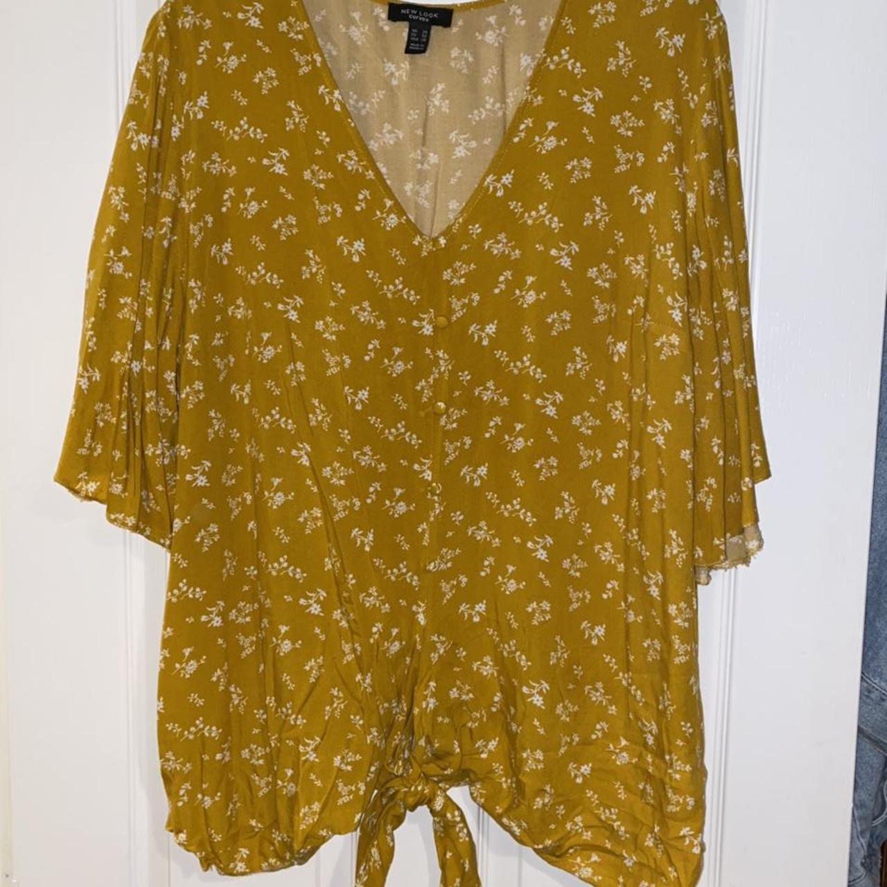 Mustard yellow floral top with decorative buttons... Depop