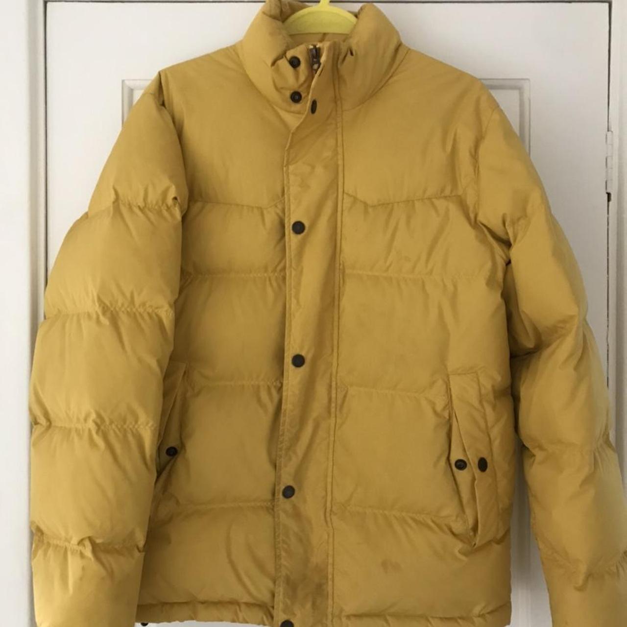 Yellow timberland down puffa jacket - Depop