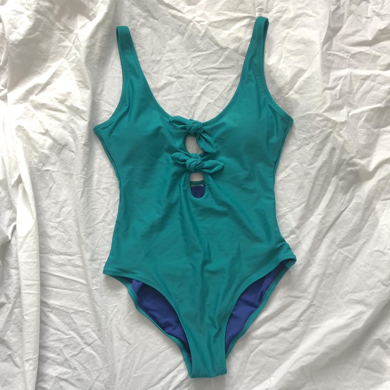 Teal one-piece swimsuit with double tie knot detail... - Depop
