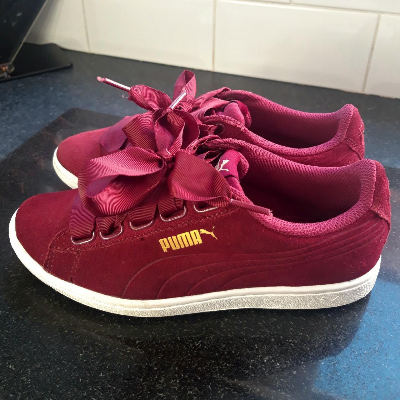Womens Burgundy Puma Suede Ribbon Lace Trainers Size... - Depop
